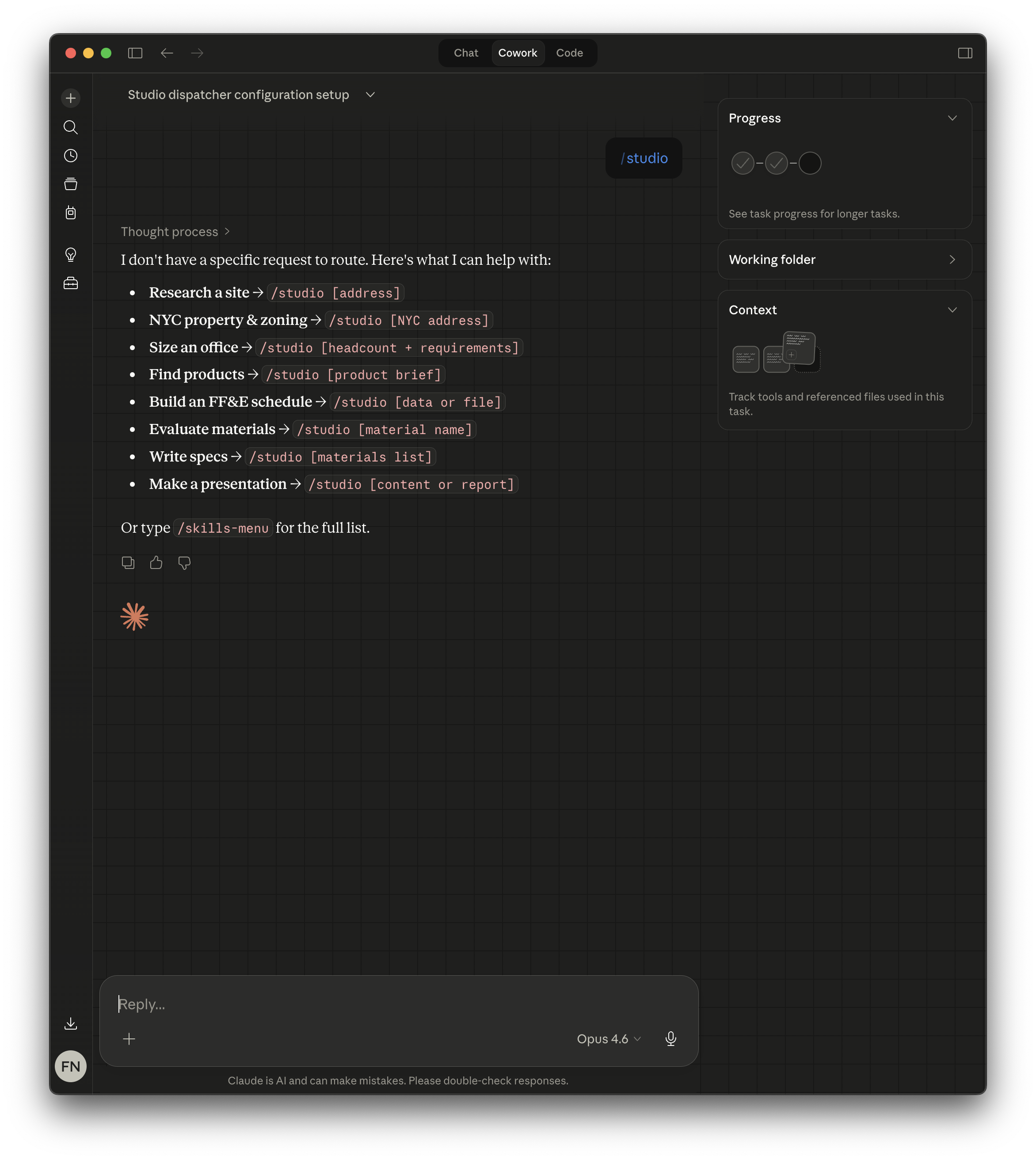 The /studio command in Claude Desktop showing the Architecture Studio main menu with all available workflows